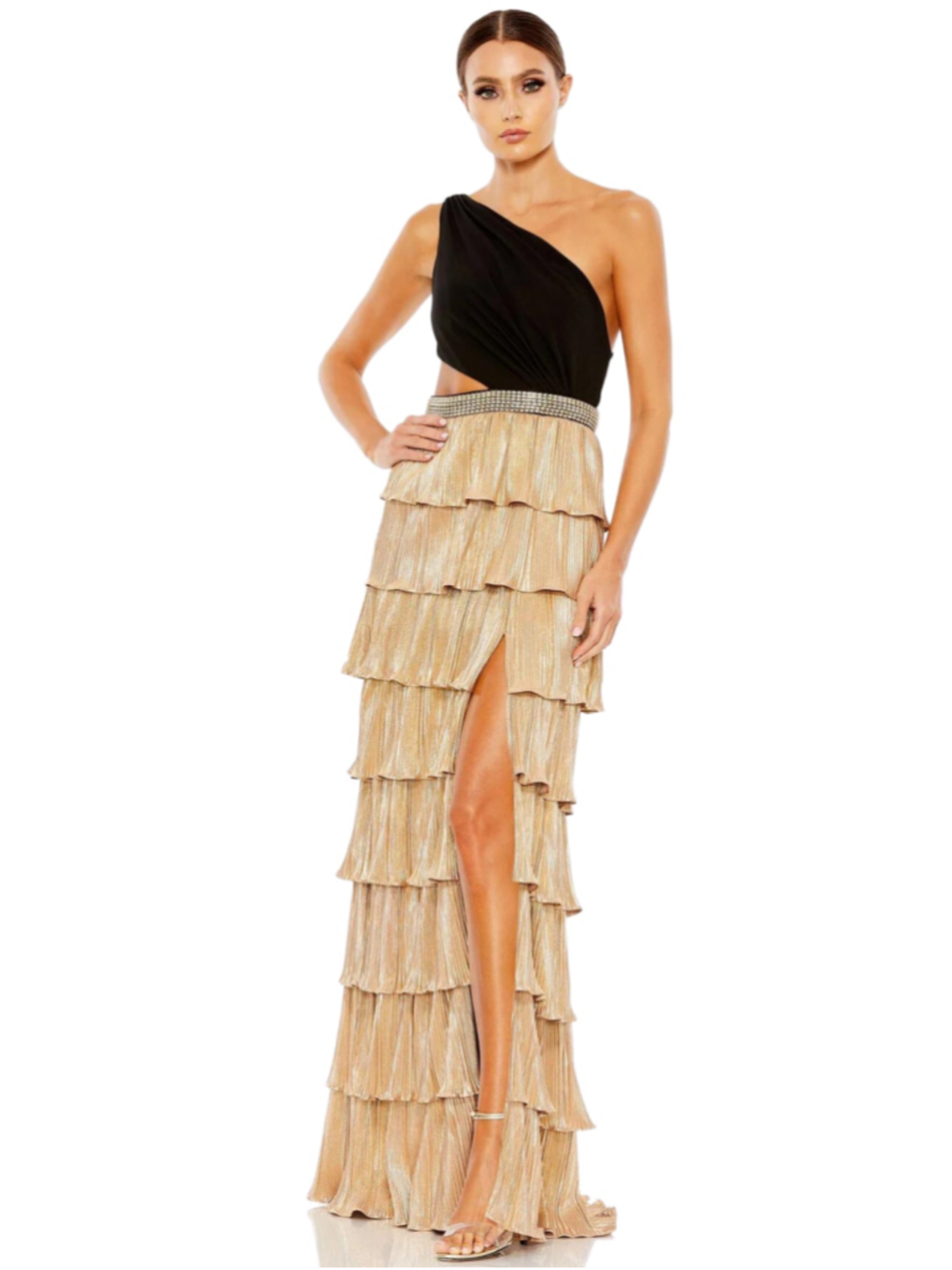 Women's Mac Duggal One Shoulder Pleated Tiered Gown in Gold and Black Sz 2
